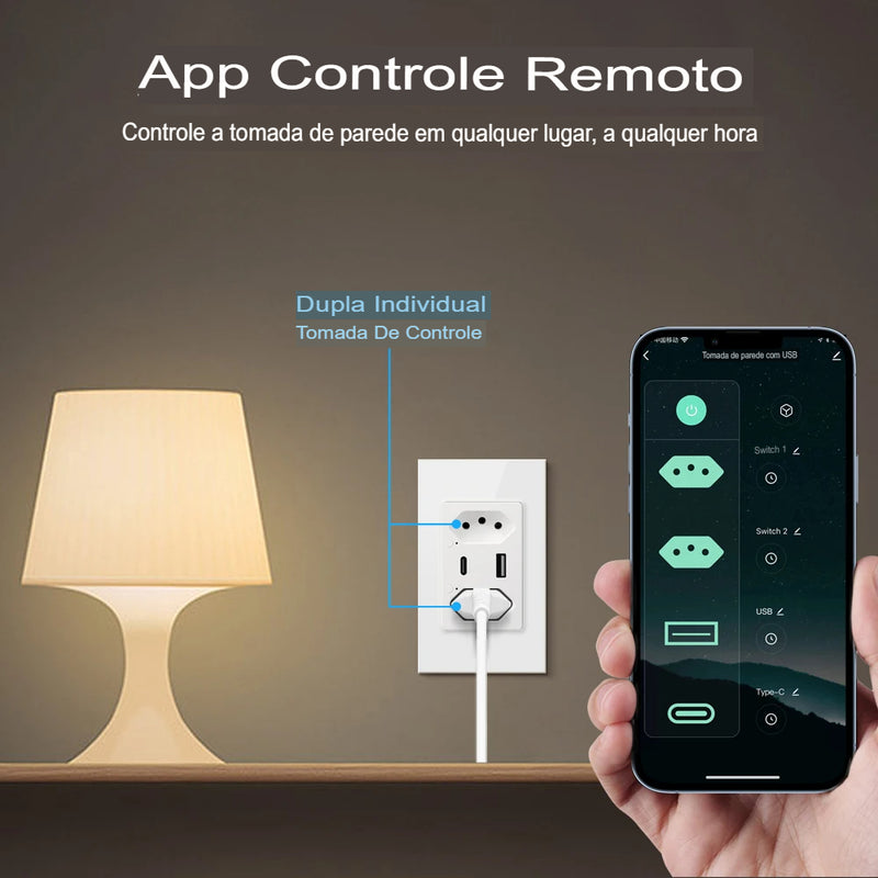 Tomada de Parede Inteligente WiFi/Zigbee com Porta USB Tipo-C