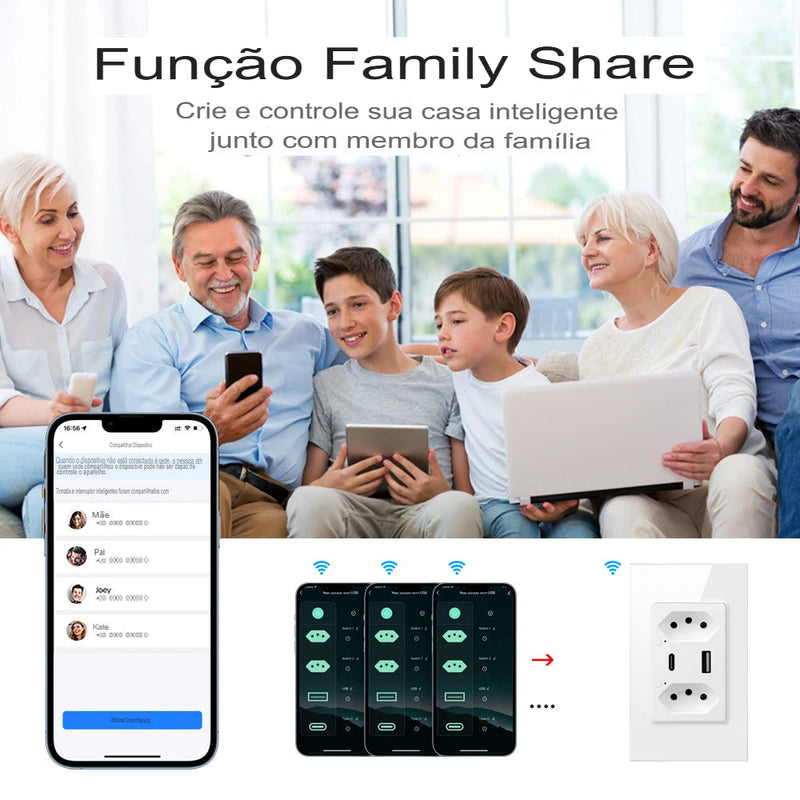 Tomada de Parede Inteligente WiFi/Zigbee com Porta USB Tipo-C