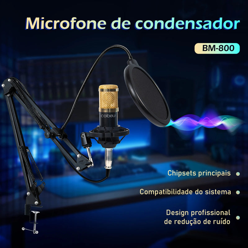 Kit Microfone Condensador com Placa de Som e Braço Articulado