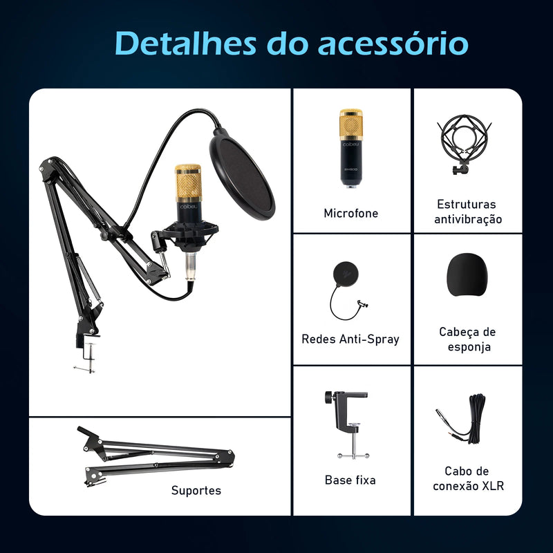 Kit Microfone Condensador com Placa de Som e Braço Articulado