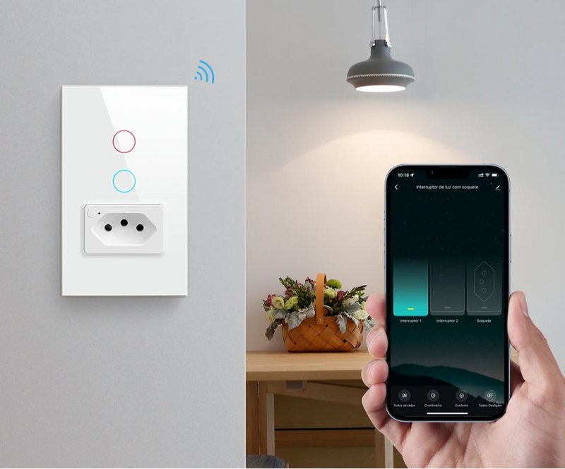 Interruptor WiFi Inteligente 4x2 com Tomada – Alexa e Google