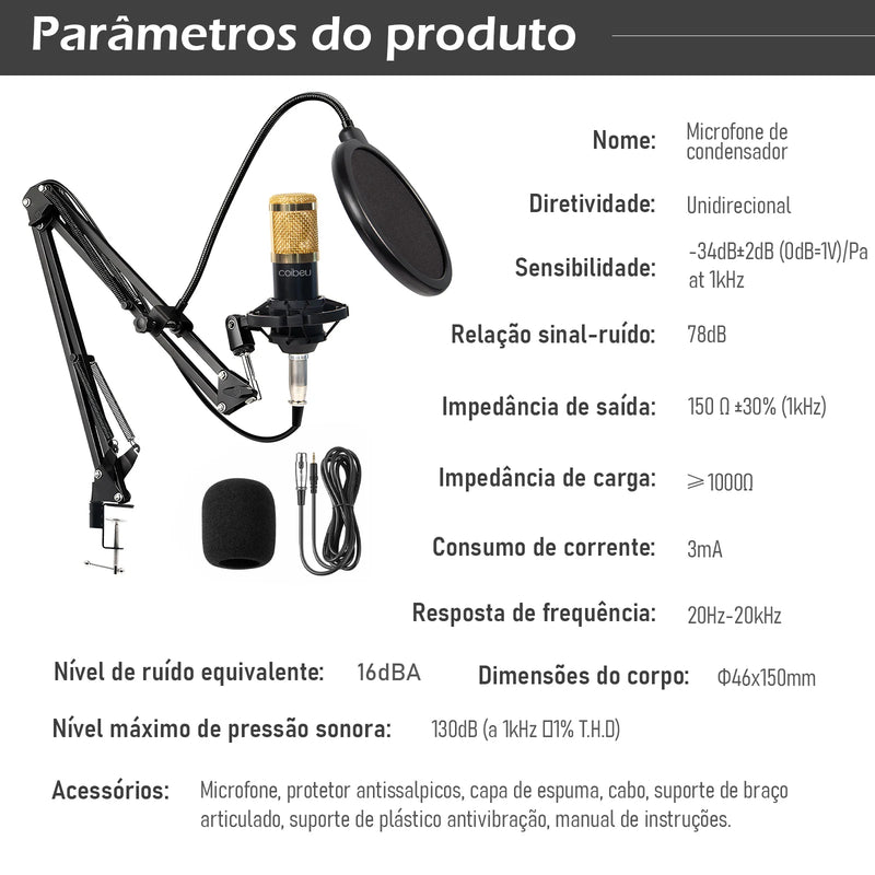 Kit Microfone Condensador com Placa de Som e Braço Articulado