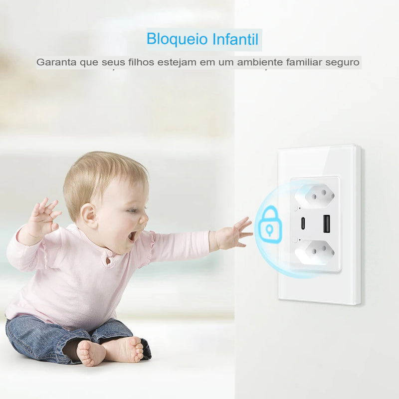 Tomada de Parede Inteligente WiFi/Zigbee com Porta USB Tipo-C